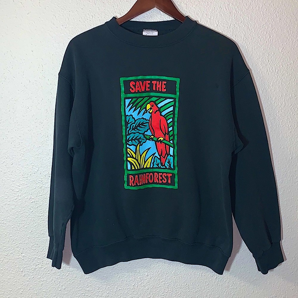 VINTAGE 89’s Save the Rainforest Red macaw tropical black sweatshirt Sz L cozy